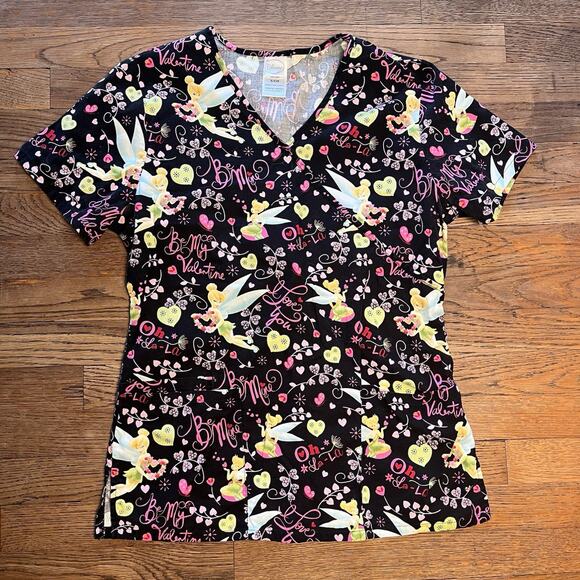 Disney Tops - Disney Tinkerbell Scrub Top Black 100 Cotton Pockets Love you Valentine Small